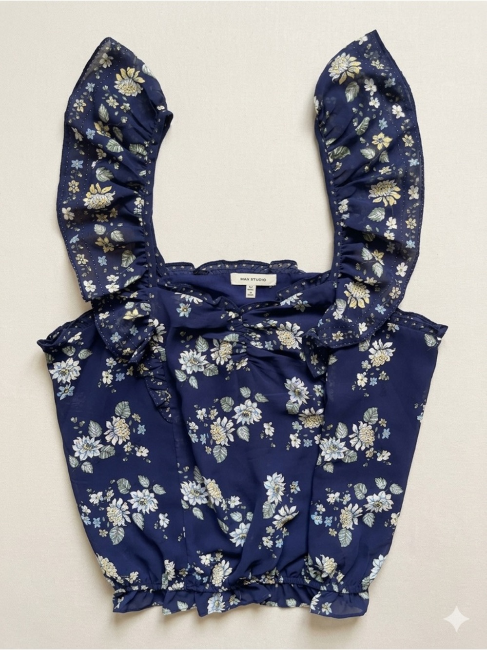 MAX STUDIO Navy Floral Ruffle Sleeve Square Neck Blouse - Medium
